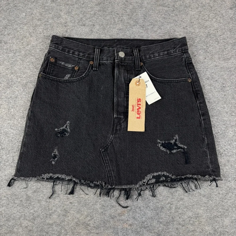 Levi's‎ Deconstructed Denim Skirt Raw Hem Button Fly Cotton Black Womens 27